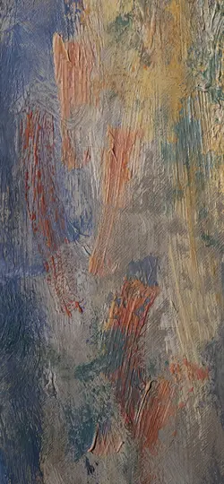 Detail abstraktnej maľby s hrubými, textúrovanými ťahmi štetca v odtieňoch modrej, sivej, oranžovej a žltej.