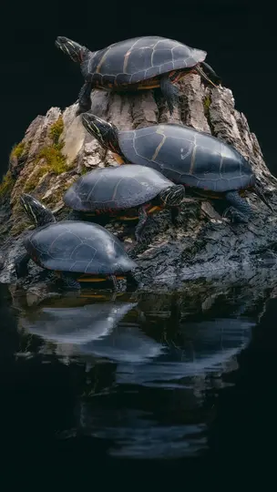Three turtles are stacked on a mossy log, with their reflections visible in the dark water below. The turtles have dark…