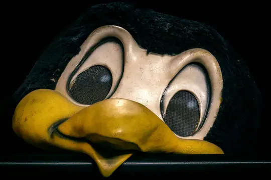 Detail staré, mierne poškodenej hlavy animatronického tučniaka s čiernou chlpatou hornou časťou, veľkými bielymi očami so