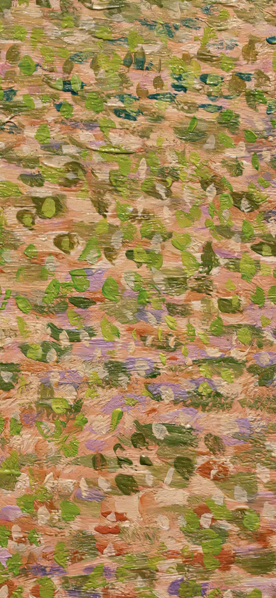 Gros plan d'une peinture abstraite avec des coups de pinceau épais et visibles dans des tons pêche, vert clair, violet et