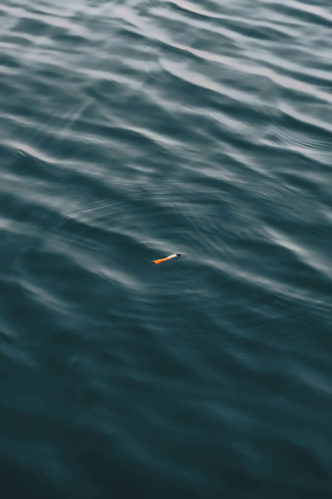 En närbild av en enda orange och vit cigarettfimp som flyter på ytan av mörkt, krusande blågrönt vatten.