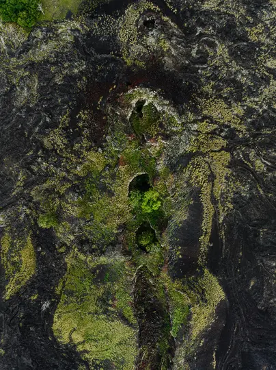 Una vista aerea, dall'alto verso il basso, di un paesaggio vulcanico scuro con motivi vorticosi di roccia e vegetazione verde