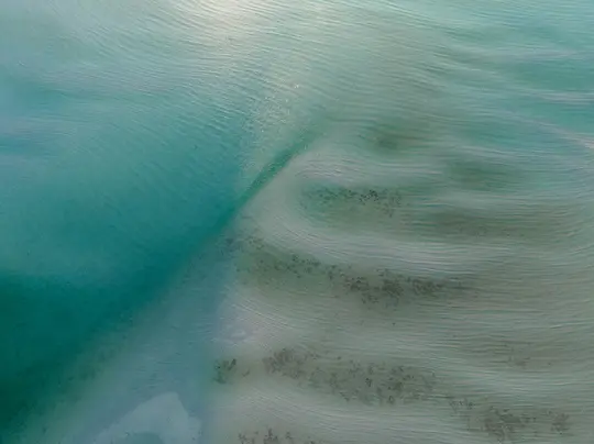 Uno scatto aereo di acqua turchese limpida e poco profonda che rivela intricate increspature di sabbia e chiazze scure sparse