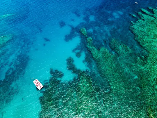 Una ripresa aerea cattura un catamarano bianco con accenti rossi che galleggia su acqua turchese limpida accanto a una
