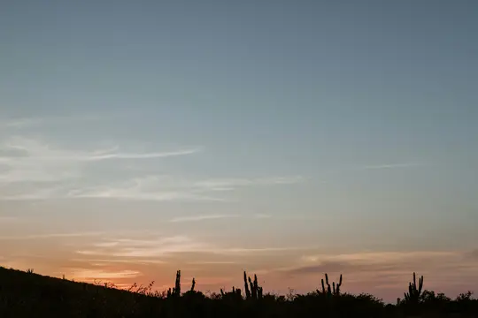 Un'ampia foto paesaggistica di un tramonto nel deserto. Il cielo sfuma dall'arancione e dal rosa all'orizzonte all'azzurro in