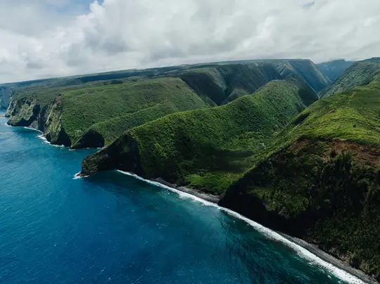 Uno scatto aereo di una costa spettacolare dove ripide montagne verdi coperte da una fitta vegetazione incontrano l'oceano
