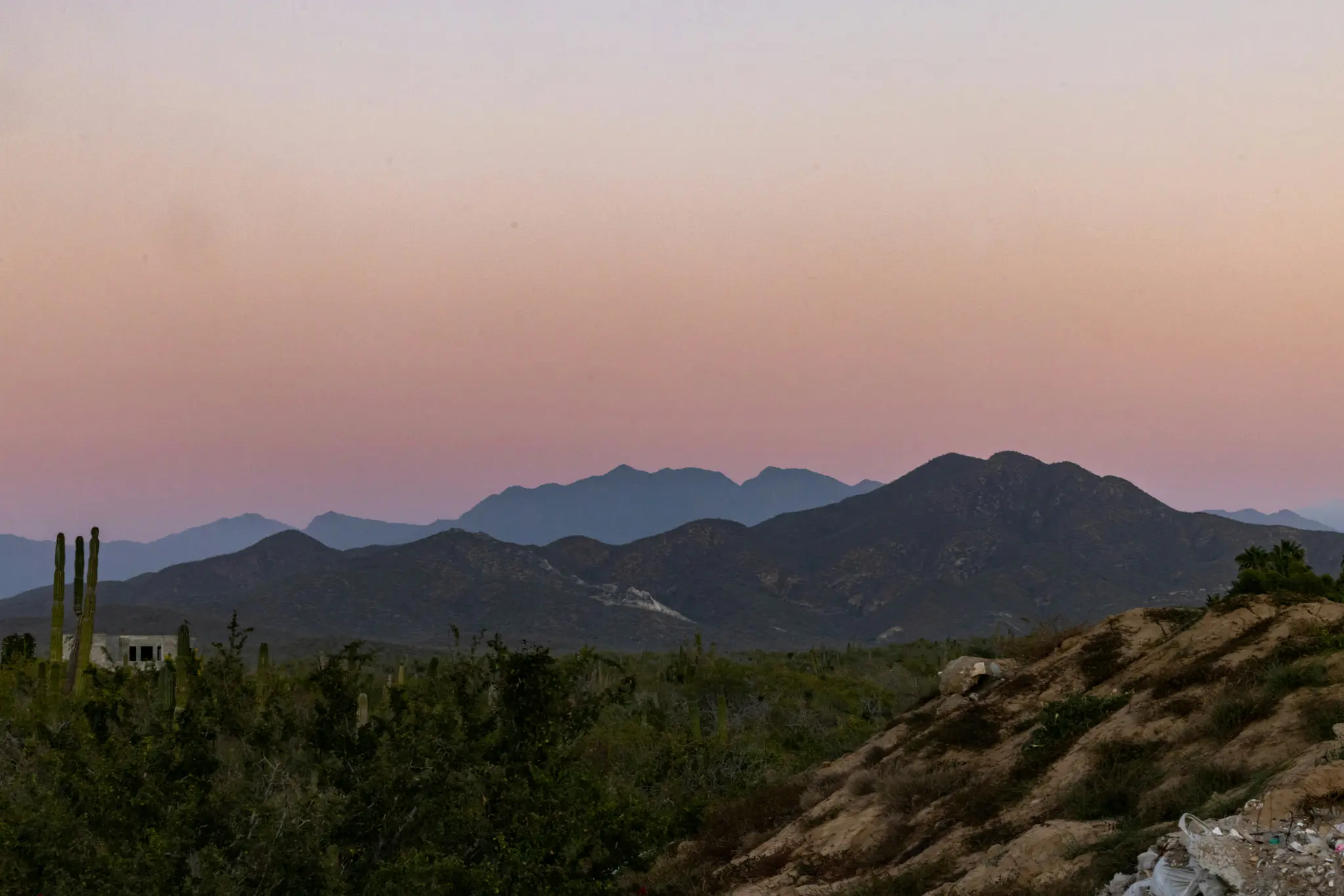 Un'ampia foto panoramica di montagne desertiche sotto un cielo sfumato al tramonto, con cactus e vegetazione rada in primo