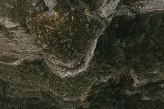 Uno scatto aereo che guarda verso il basso su una parete rocciosa ripida e scoscesa coperta di muschio verde scuro e alberi
