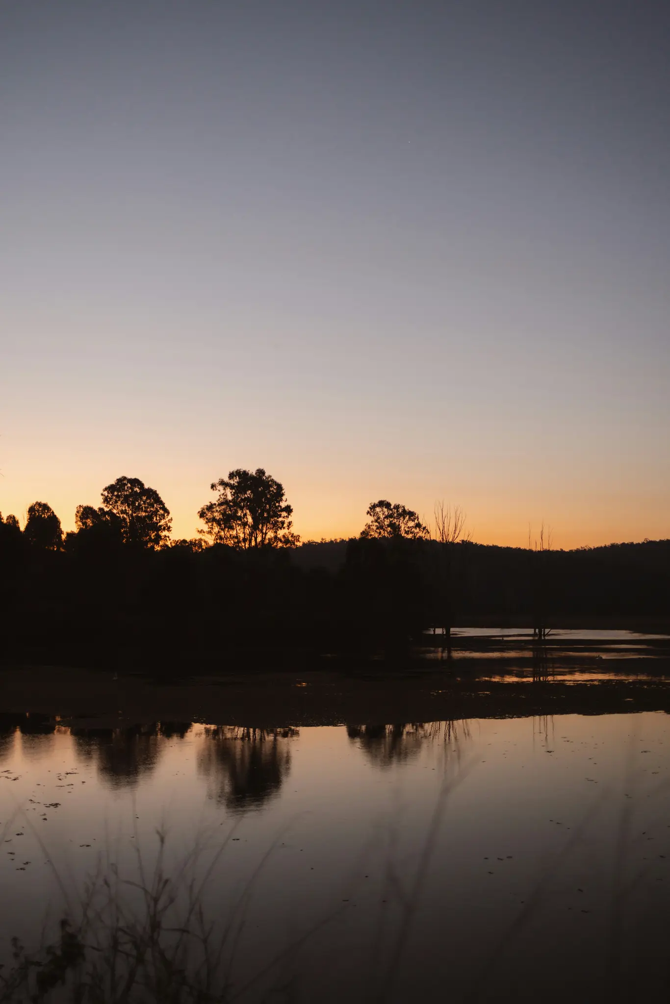 Ett brett landskapsfoto i skymning eller gryning, som visar en vattenyta som reflekterar silhuetter av träd och avlägsna