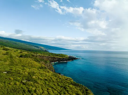 Una foto aerea del paesaggio mostra un pendio verdeggiante e vibrante ricoperto d'erba che scende verso una costa rocciosa