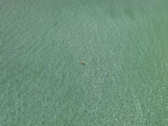 Eine Luftaufnahme einer Person, die auf dem Rücken in klarem, flachem türkisfarbenem Wasser schwimmt, wobei der sandige Boden