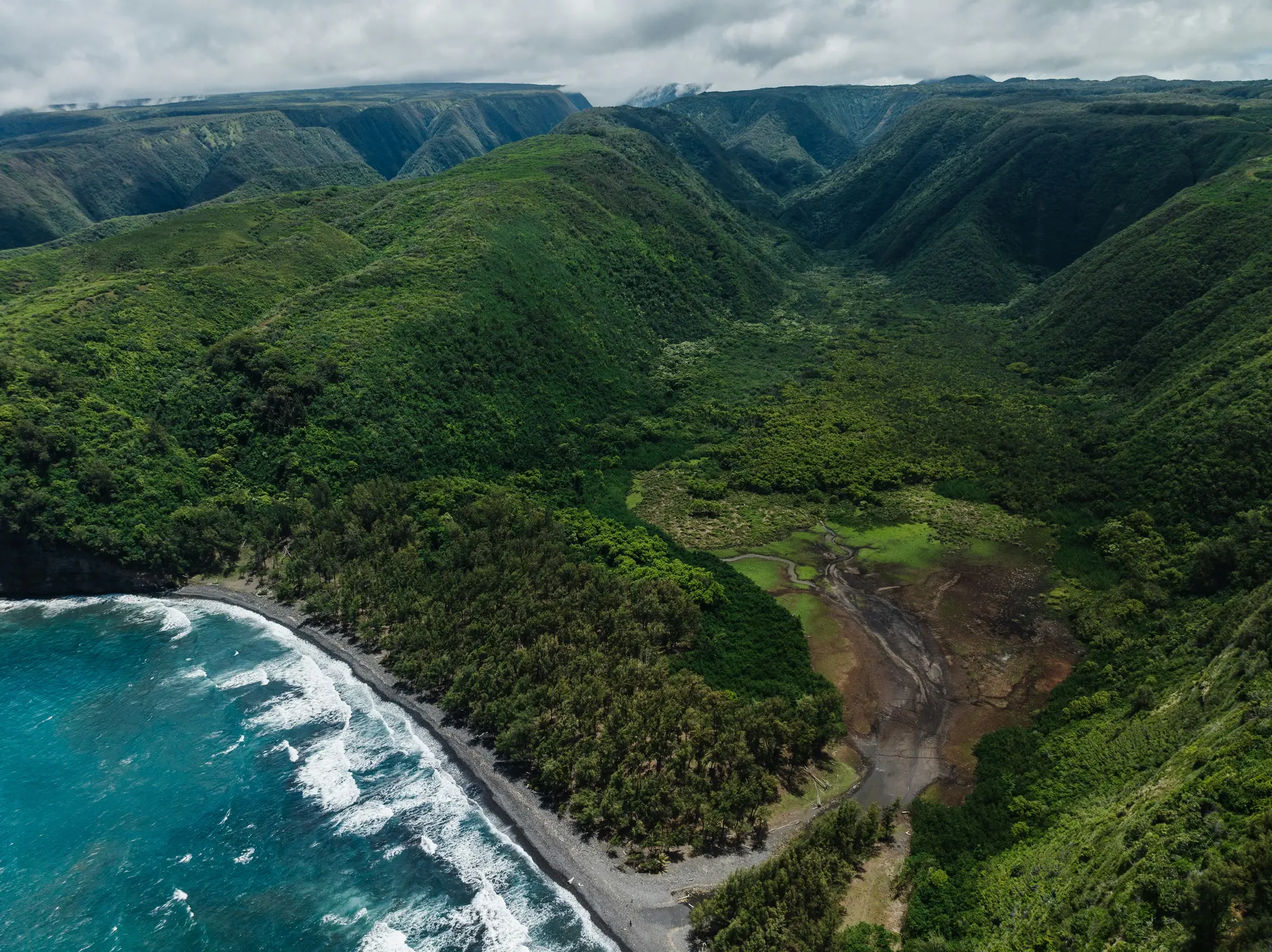 An aerial view captures a vibrant green valley with steep slopes, a winding riverbed, a black sand beach, and turquoise…