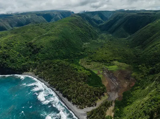 An aerial view captures a vibrant green valley with steep slopes, a winding riverbed, a black sand beach, and turquoise…