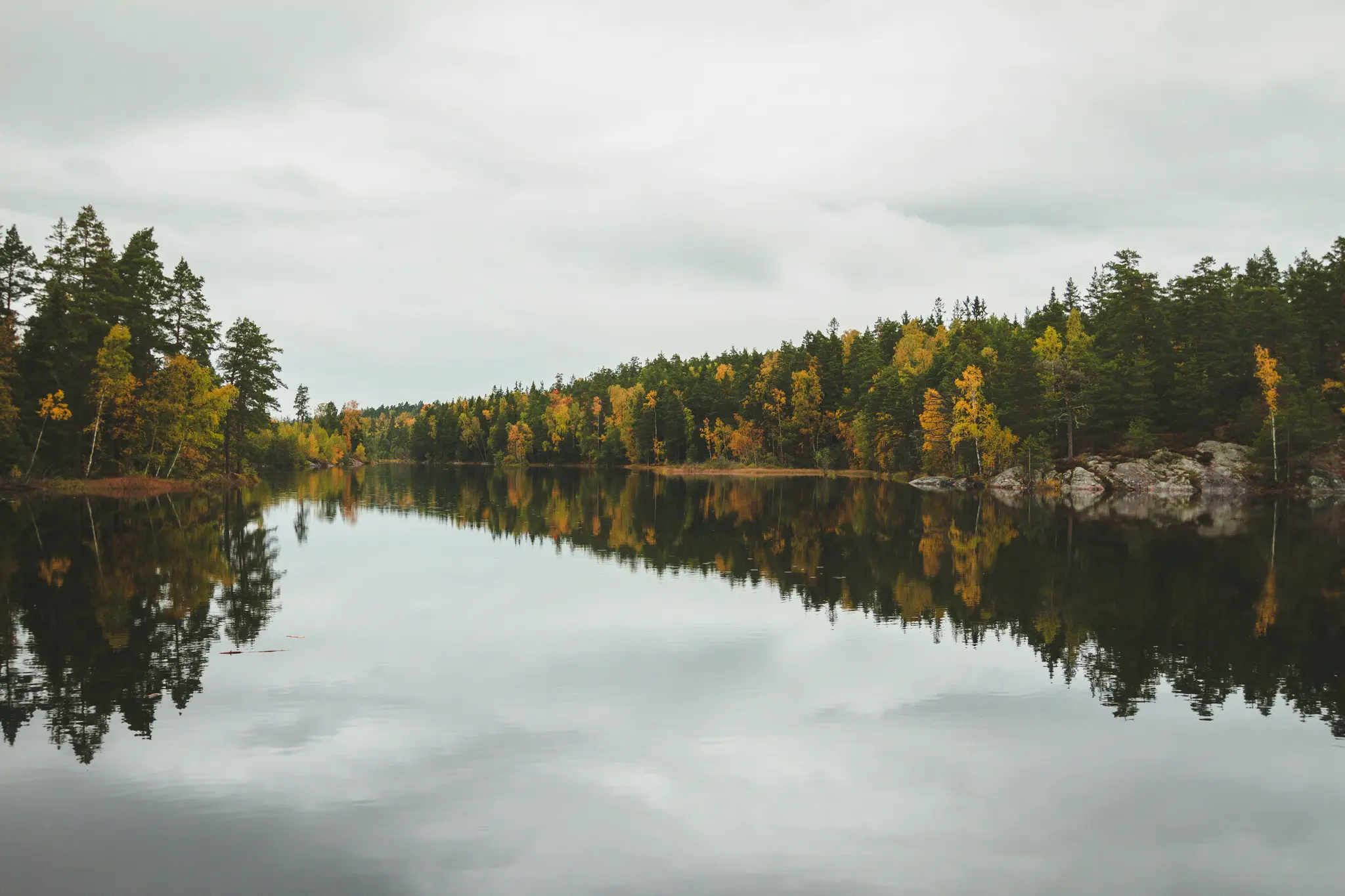 O fotografie peisagistică largă a unui lac liniștit care reflectă o linie de pădure cu copaci de toamnă verzi și galbeni sub