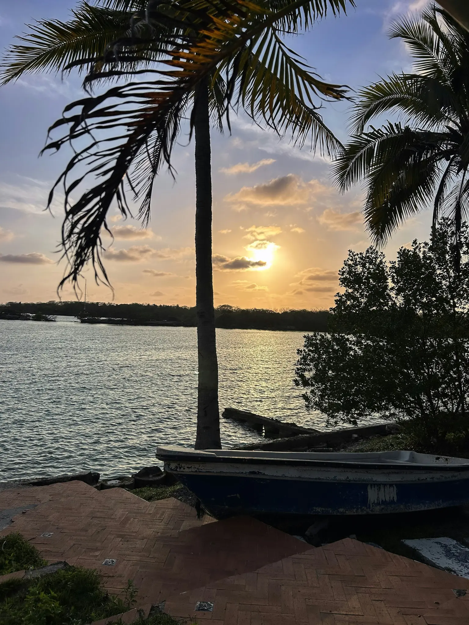 A vibrant sunset over calm water, with the sun low on the horizon. Silhouetted palm trees frame the scene, and a small blue…