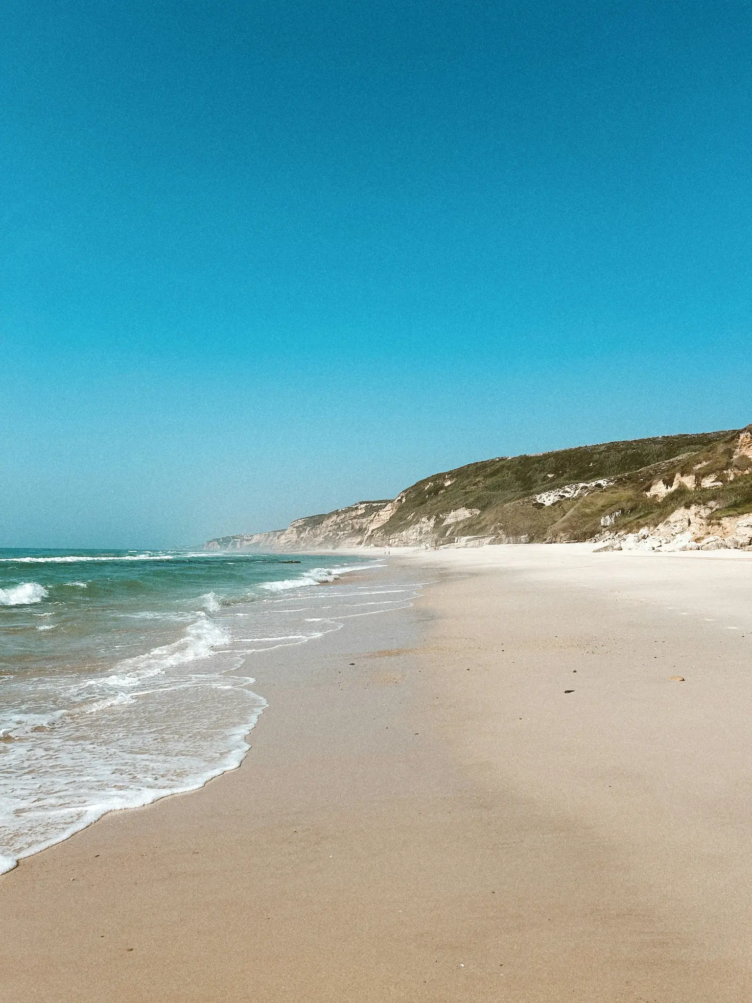 A wide-angle view of a sandy beach with gentle waves breaking on the shore and cliffs covered in green vegetation.
