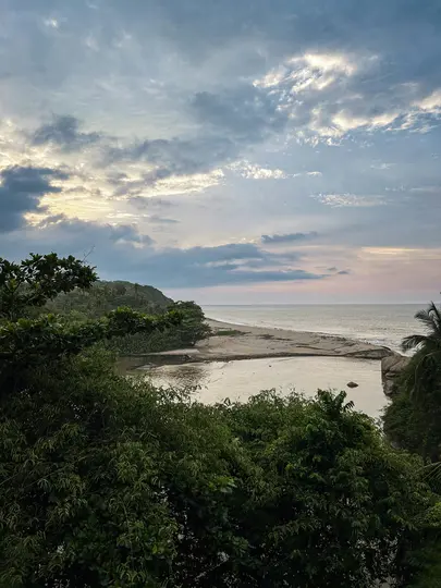 An elevated view of a tropical river flowing into the ocean at a sandy beach, framed by dense green trees under an overcast…