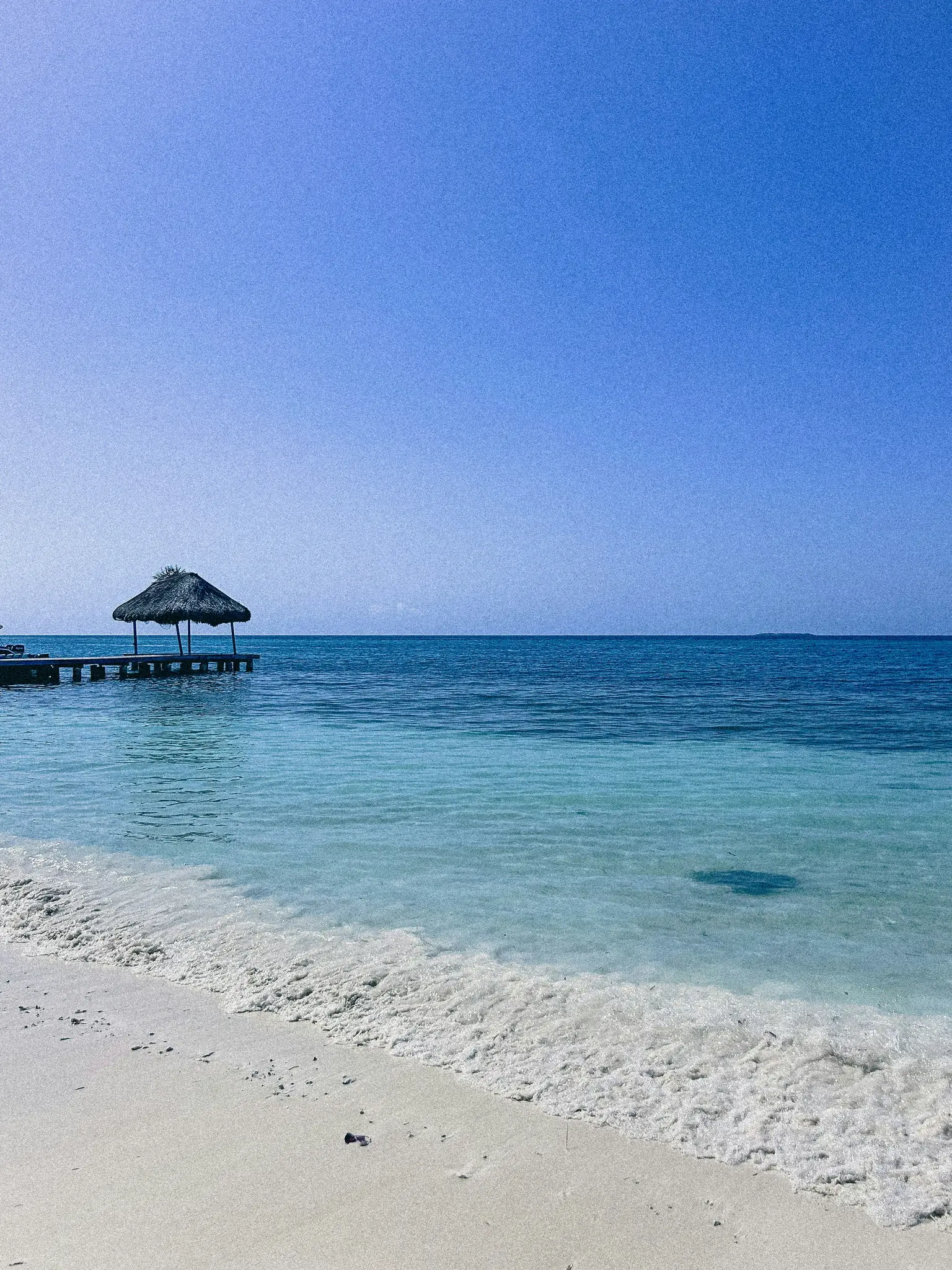 Una serena playa tropical con arena blanca y agua turquesa cristalina. Un muelle de madera con una choza de paja se adentra