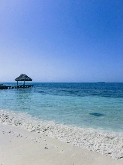 A serene tropical beach with white sand and clear turquoise water. A wooden pier with a thatched hut extends into the ocean.
