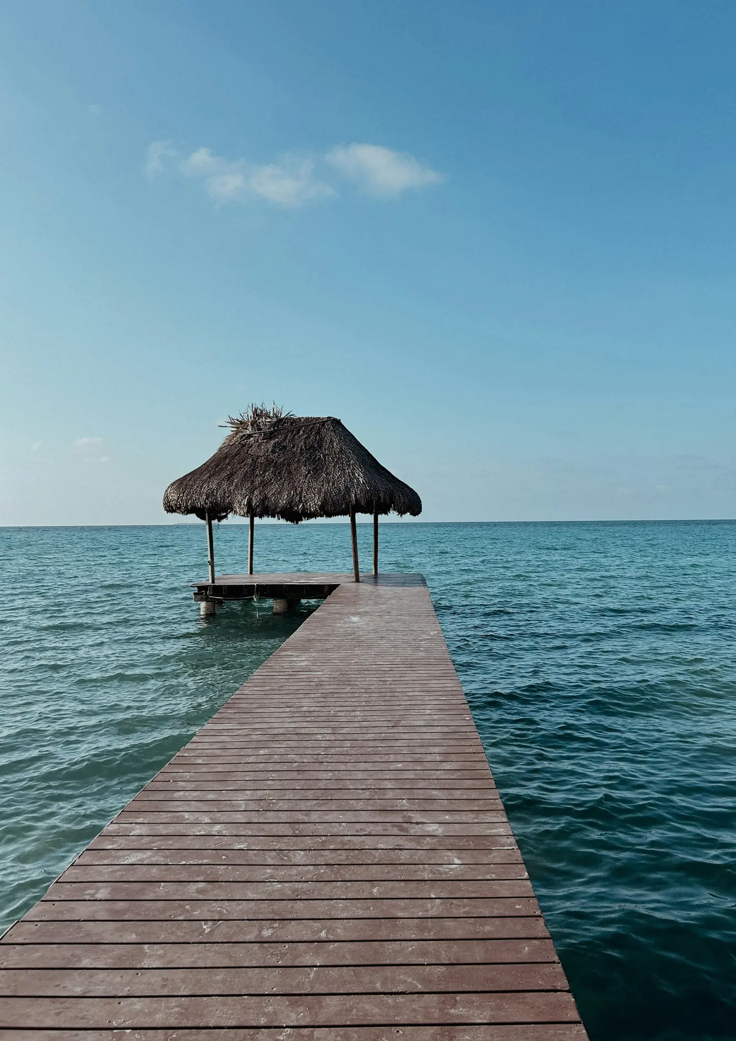A long wooden pier stretches into clear blue-green ocean water under a bright blue sky with a single cloud. At the end of…