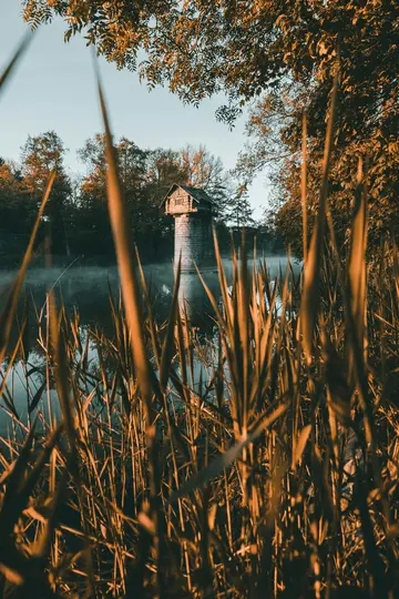 Ein kleines Holzhaus auf einem Steinturm erhebt sich aus einem nebligen See, eingerahmt von hohem, goldbraunem Gras im