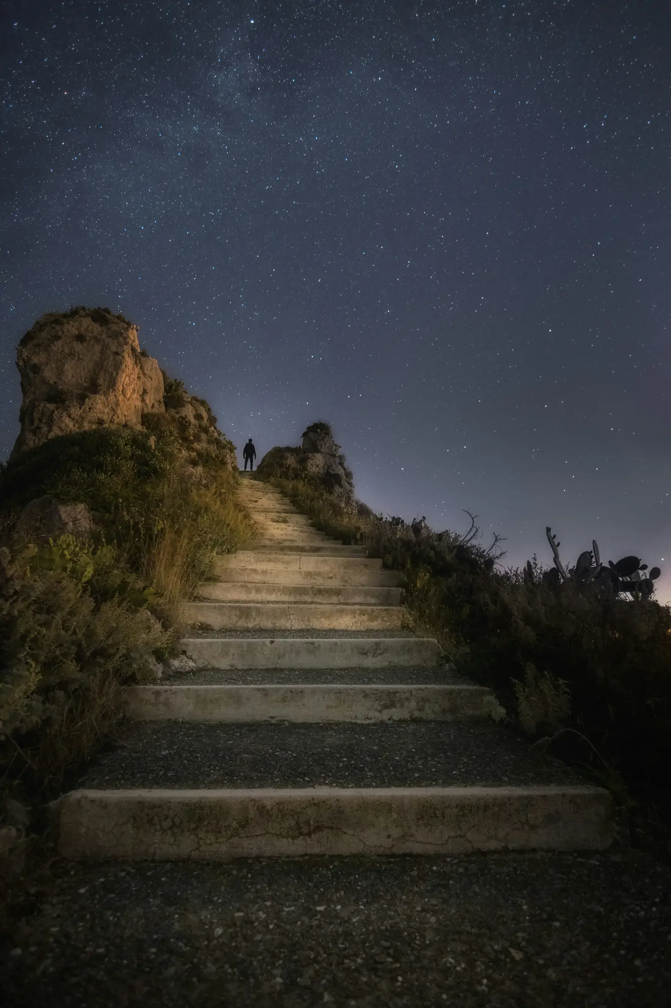 Una figura solitaria se encuentra en lo alto de una larga y sinuosa escalera de piedra bajo un vasto cielo nocturno lleno de