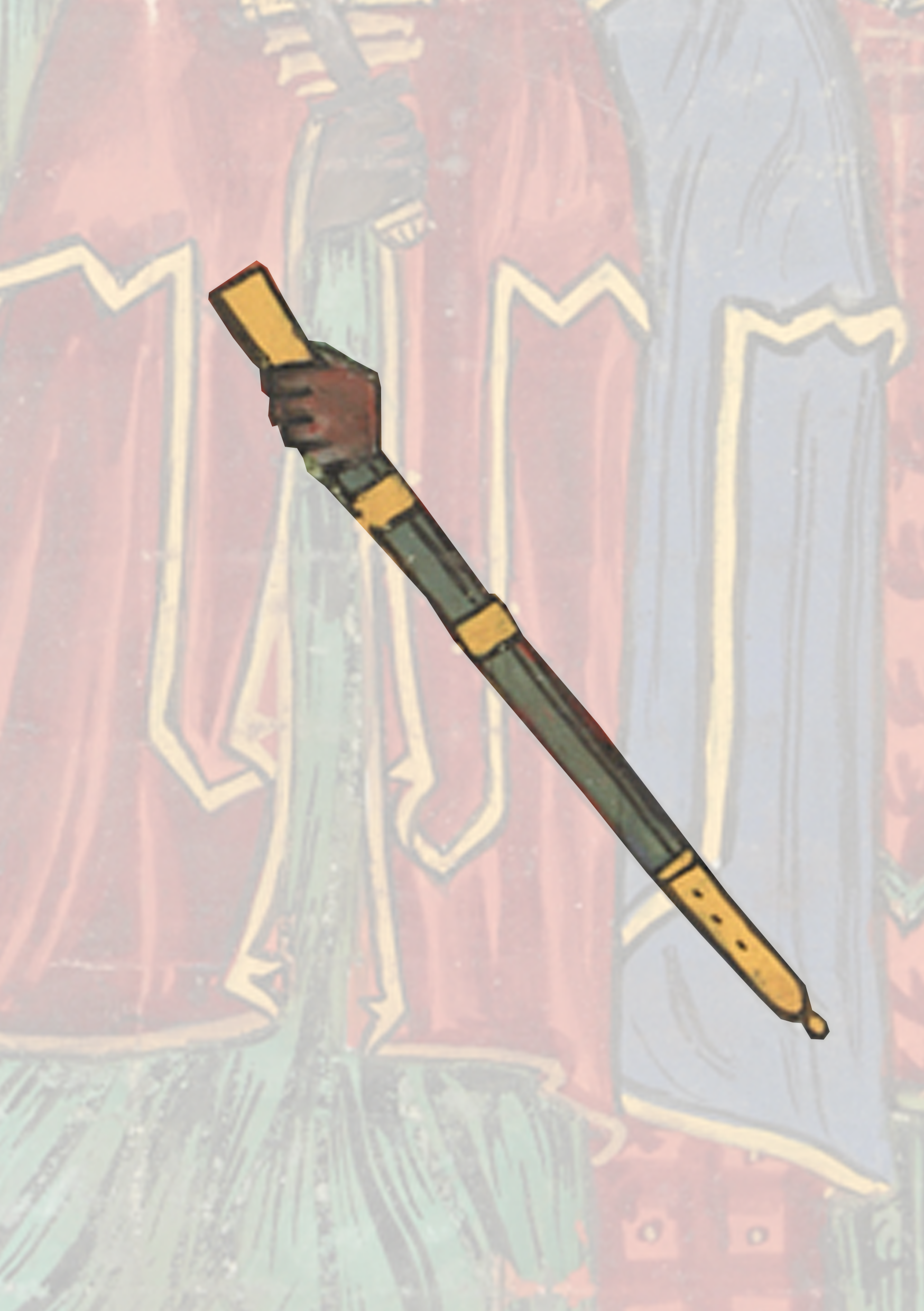 Painting Of A Sword With A Man In The Background