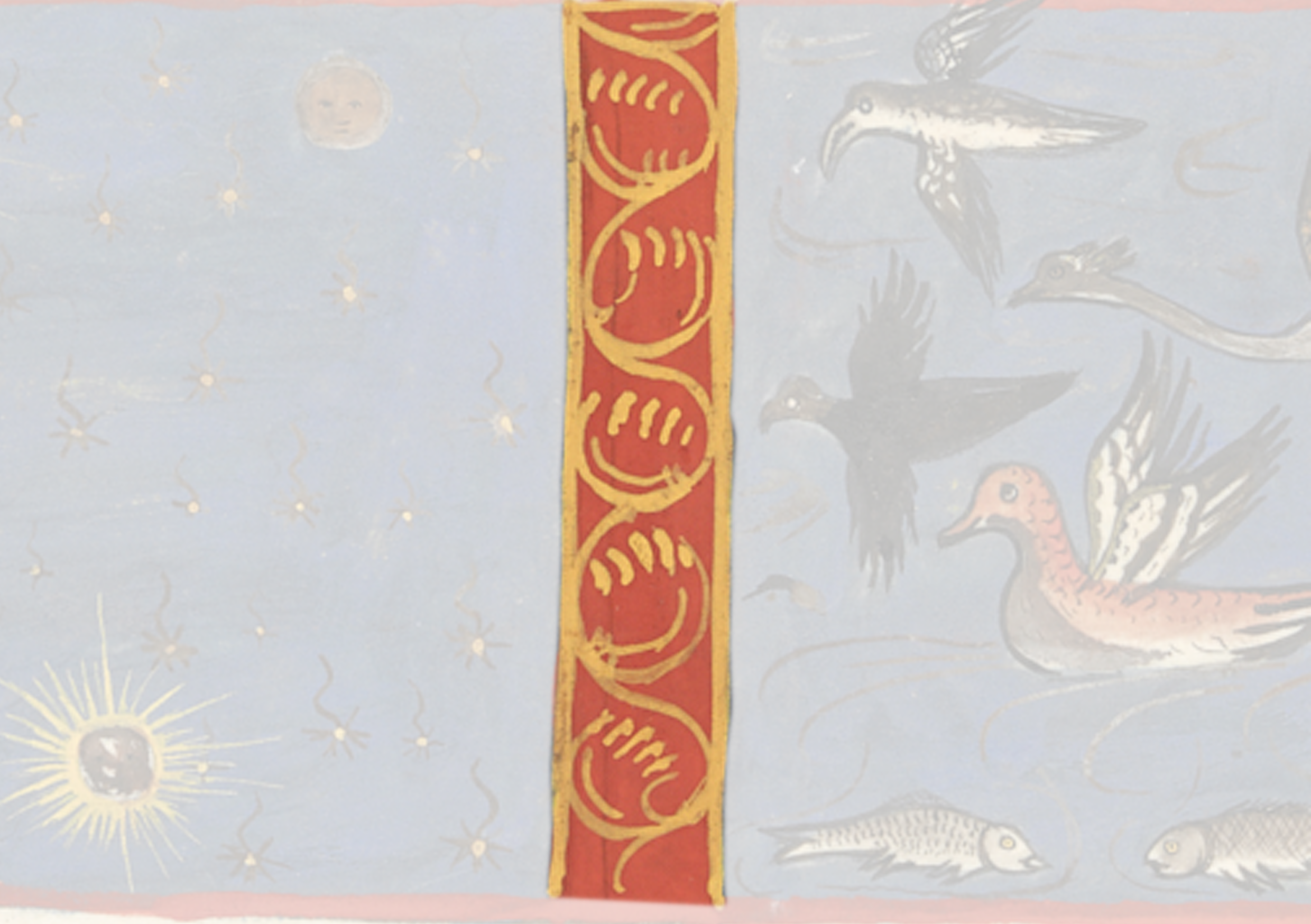 Painting Of Birds Flying Around A Red And Yellow Border