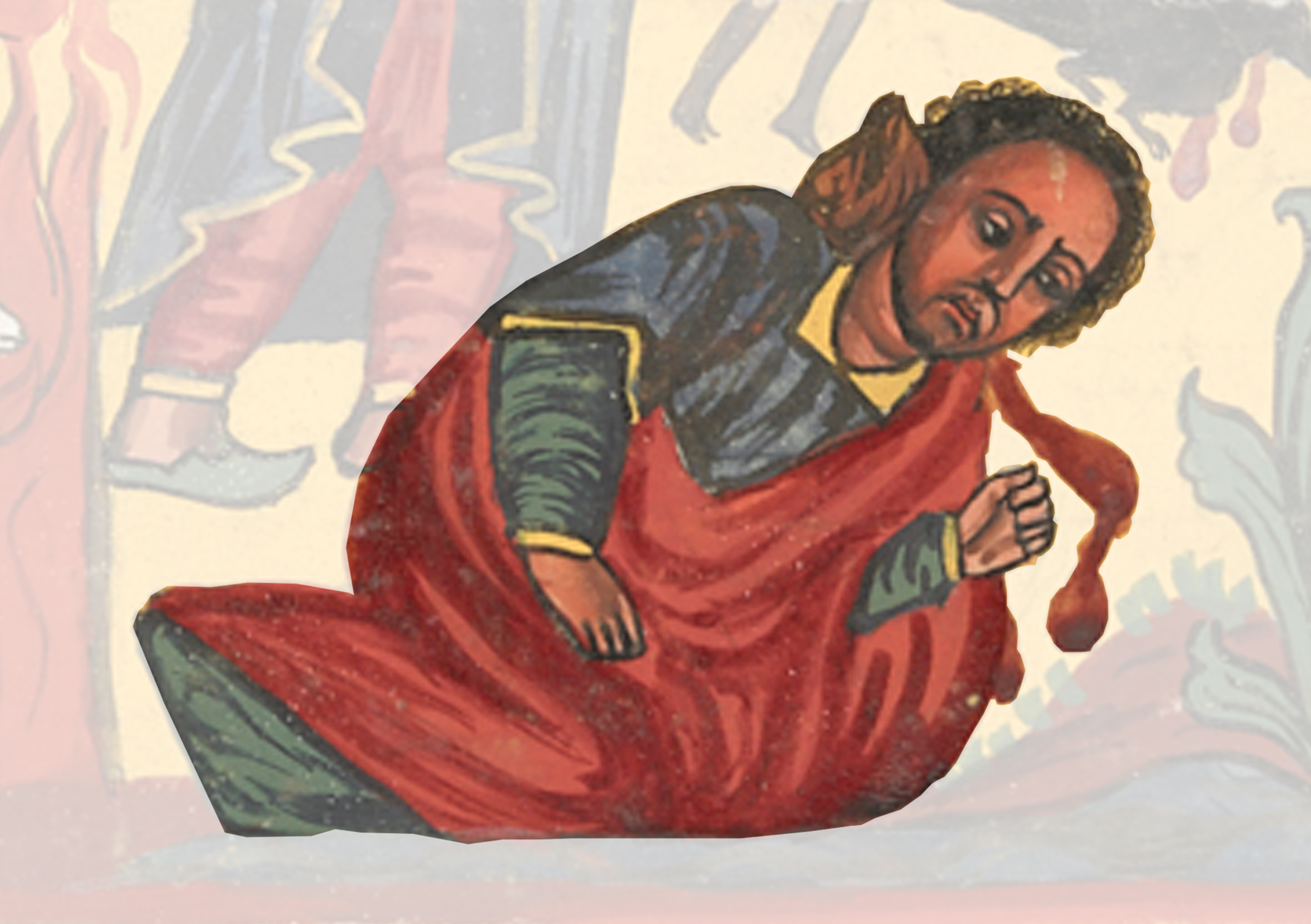 Painting Of A Man Kneeling On A Red Cloth