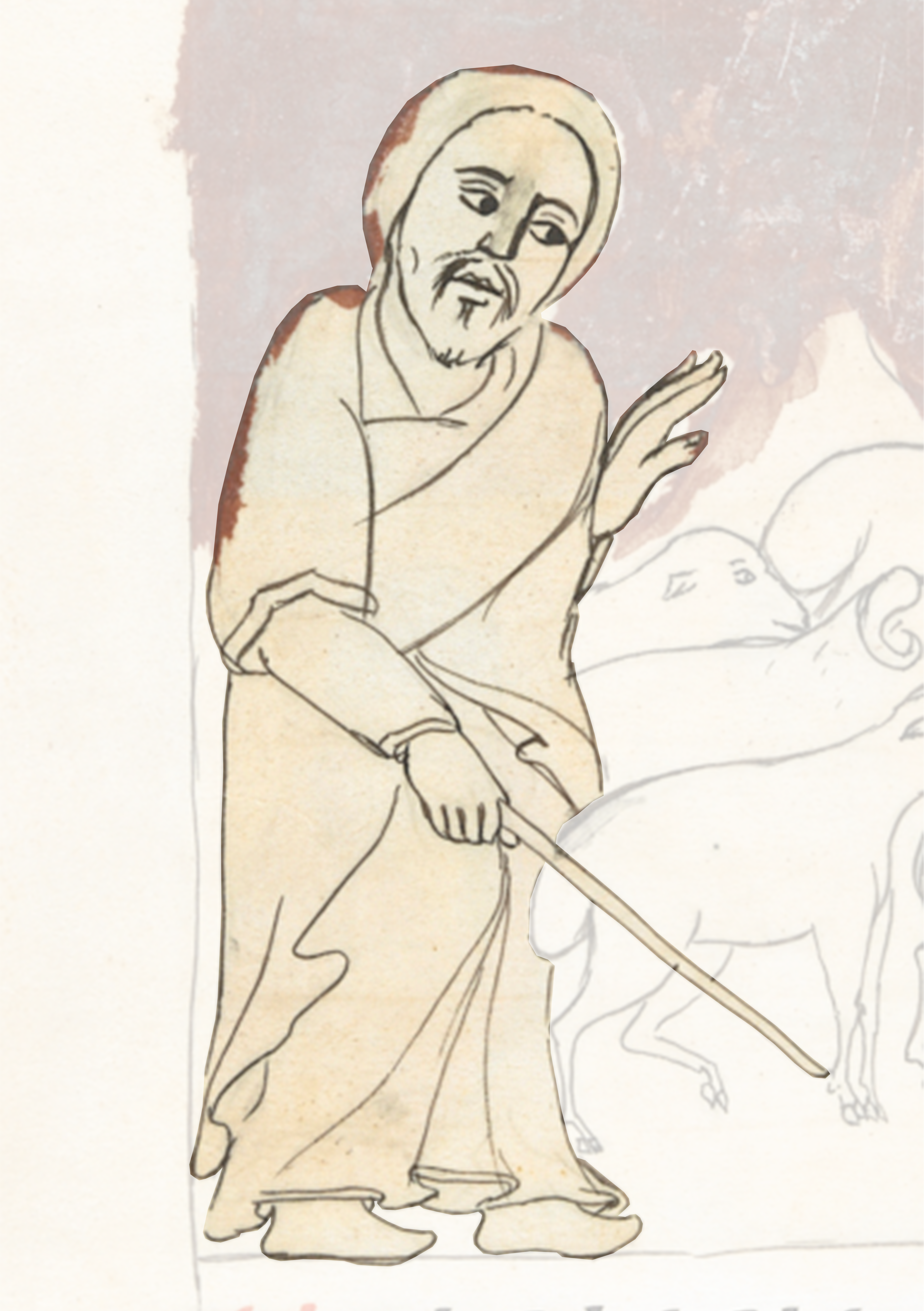 Drawing Of A Man With A Stick And A Dog