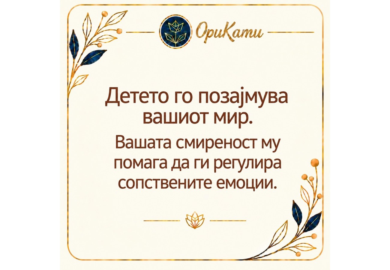 Картичка ОриКами: Детето го позајмува вашиот мир. Вашата смиреност му помага да ги регулира сопствените емоции.