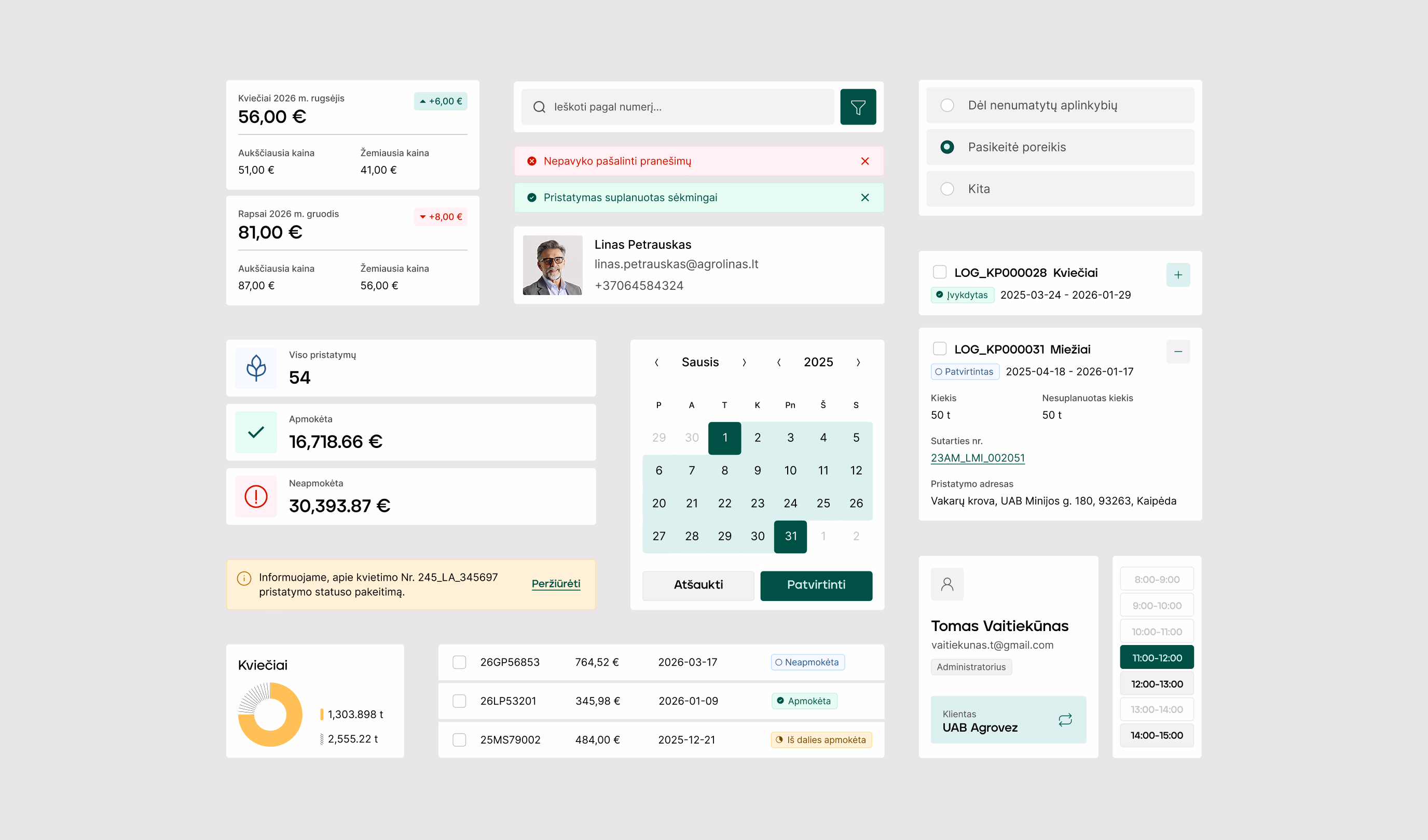 Agro Linas platform components, including price cards, delivery statistics, a calendar, invoice rows and order details.