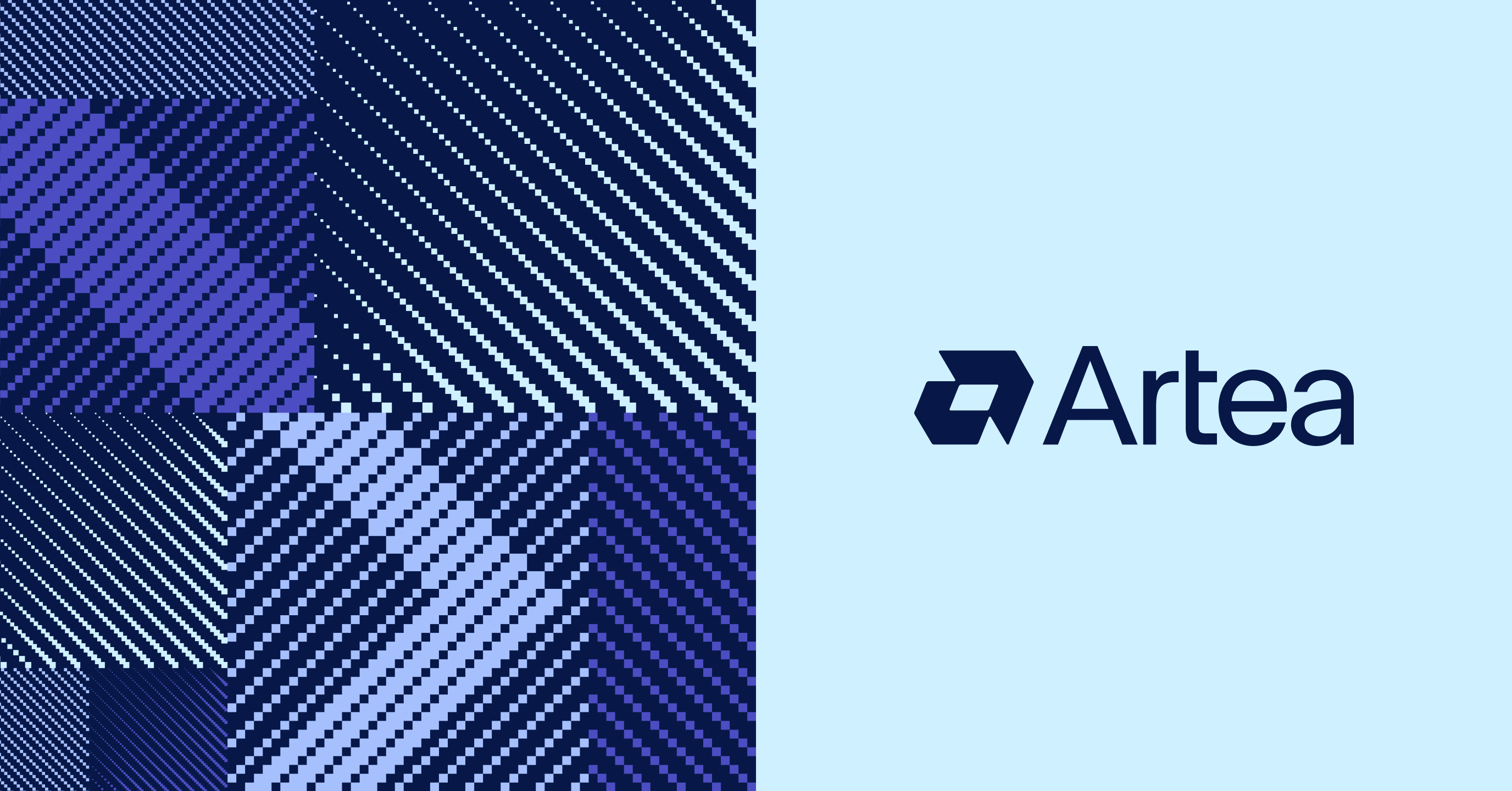 Artea logomark on the brand's blue geometric pattern