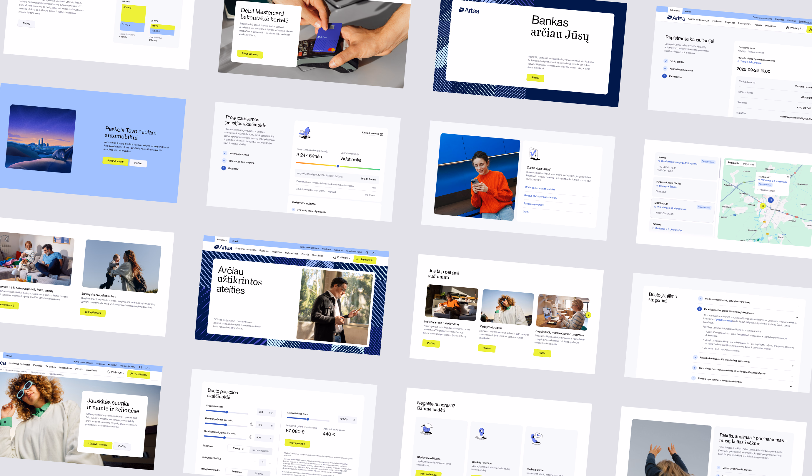 A collage of Artea web and app screens - accounts, loans, pensions, cards and support