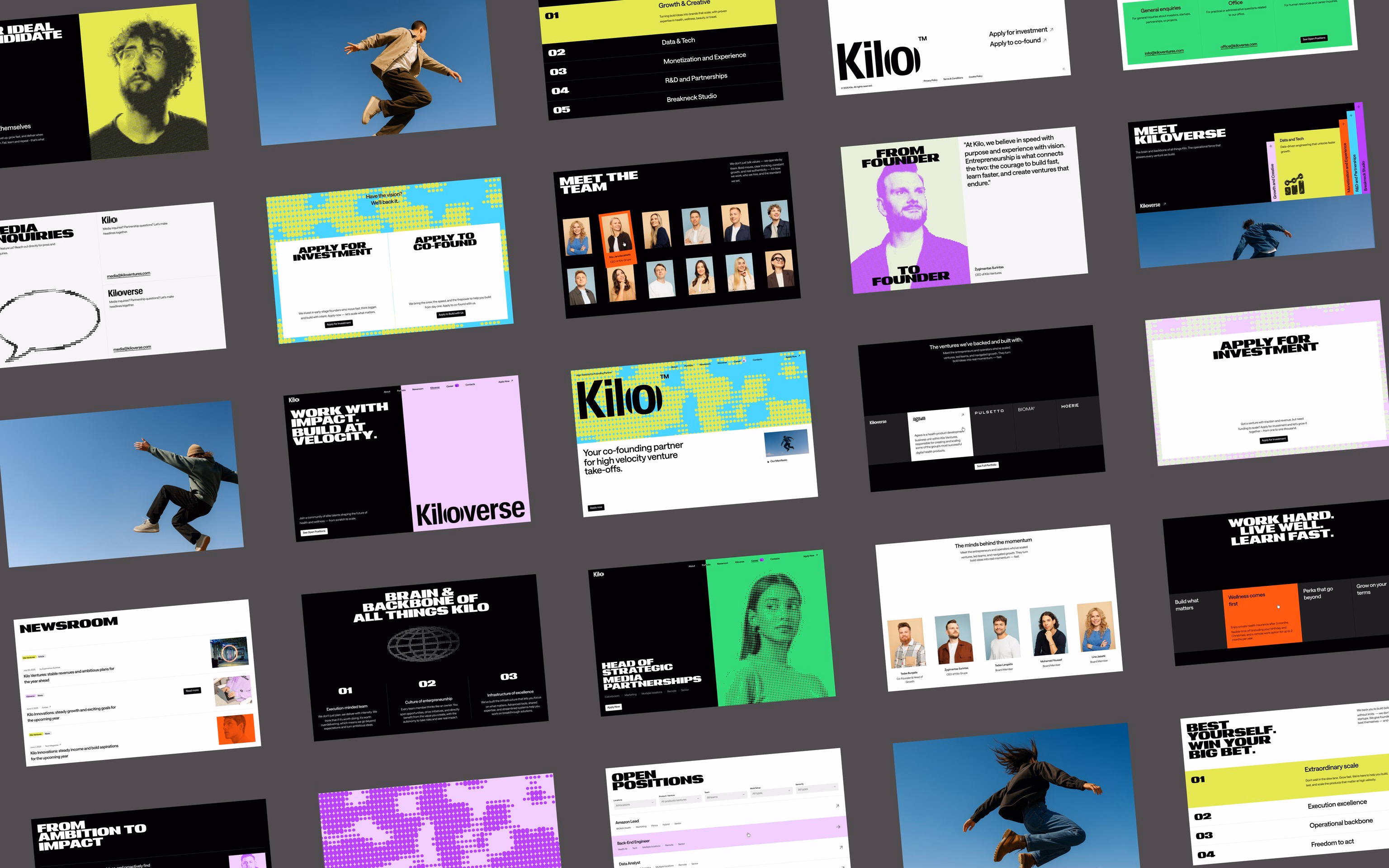 A scattered montage of Kilo website screens on a dark background - brand pages, team and careers layouts, halftone portraits, and bold headlines showcasing the design system.