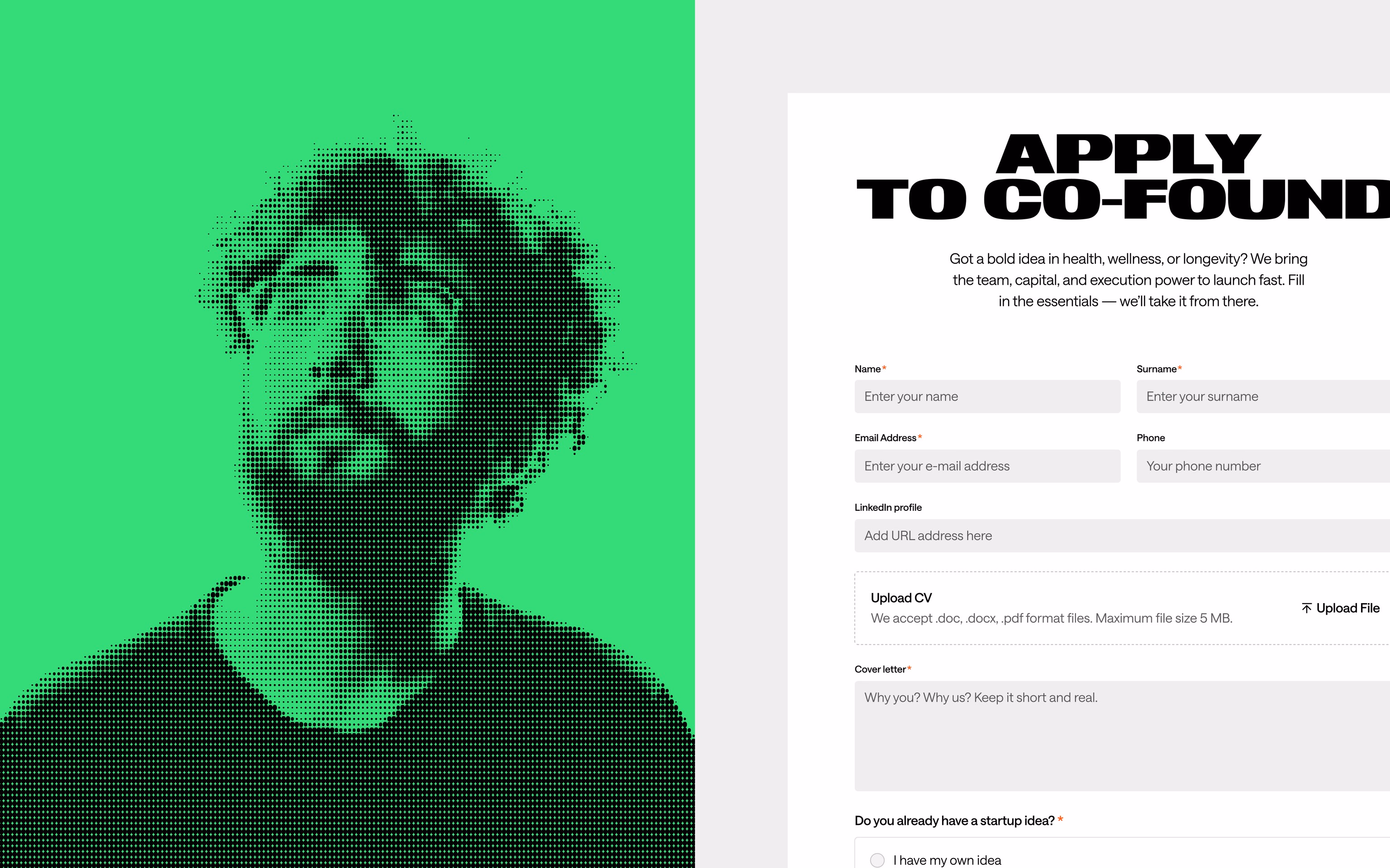 A green halftone portrait beside Kilo's Apply to Co-Found application form, with fields for name, contact details, CV upload, and cover letter.