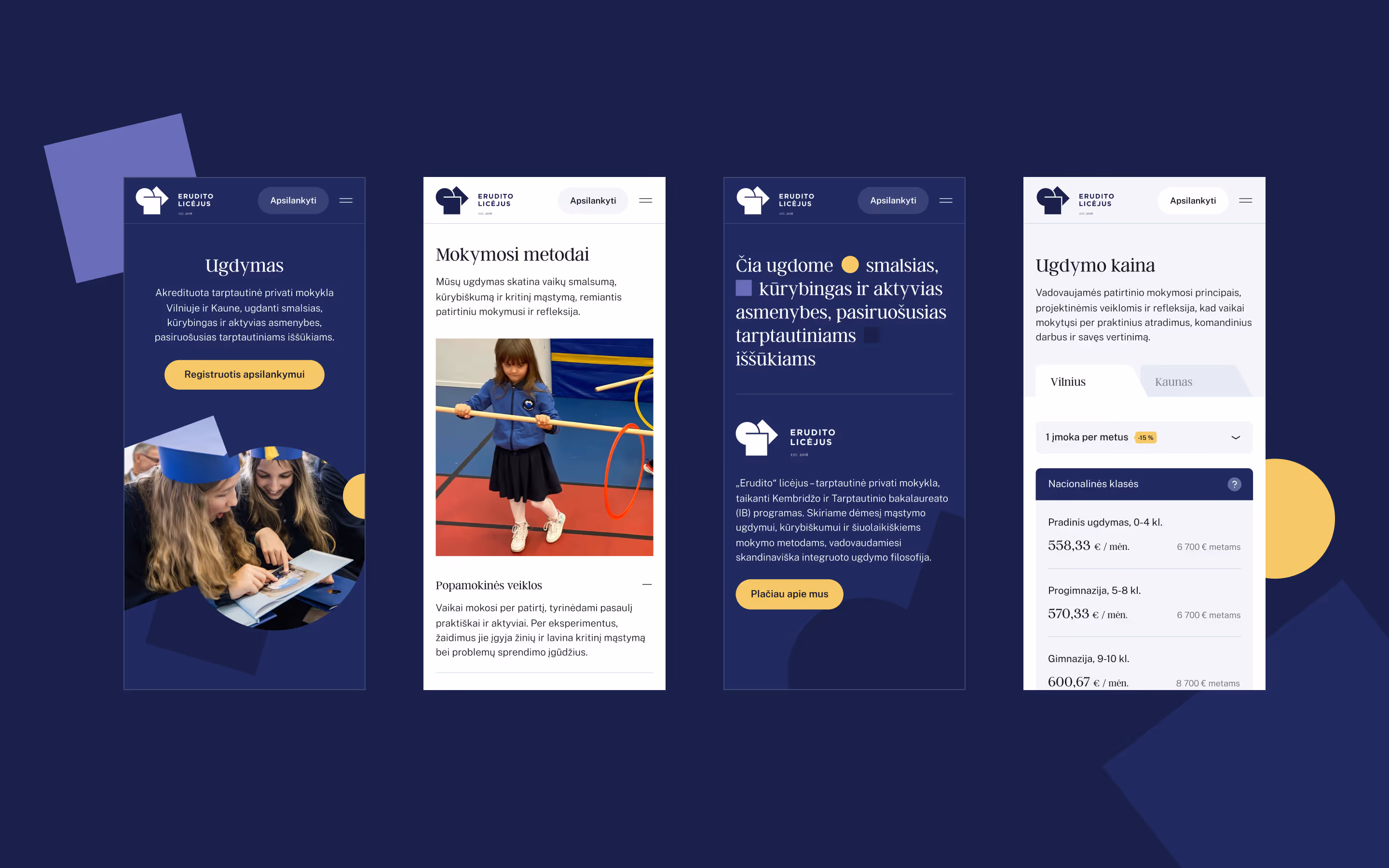Four Erudito Lyceum mobile screens - education, learning methods, brand statement and the tuition price table - UI design.