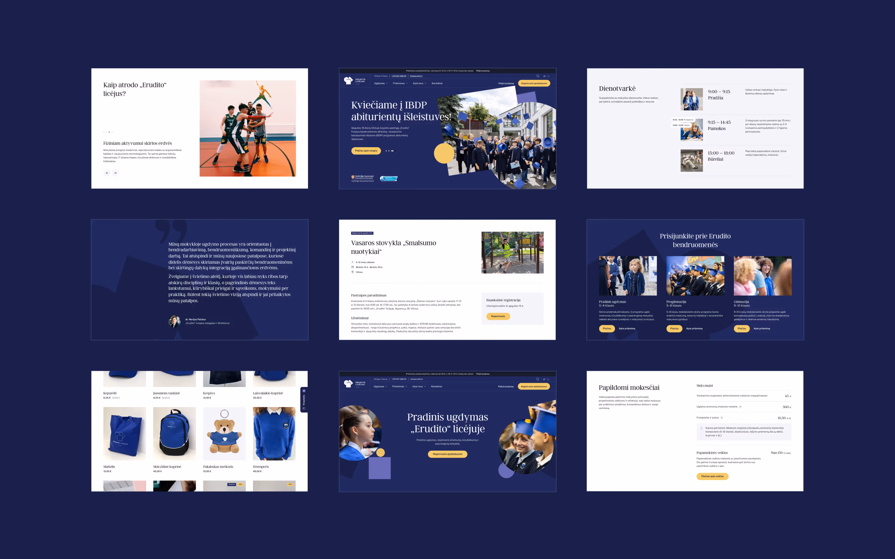 Collage of nine Erudito Lyceum website pages - schedule, testimonials, summer camp, community and shop.