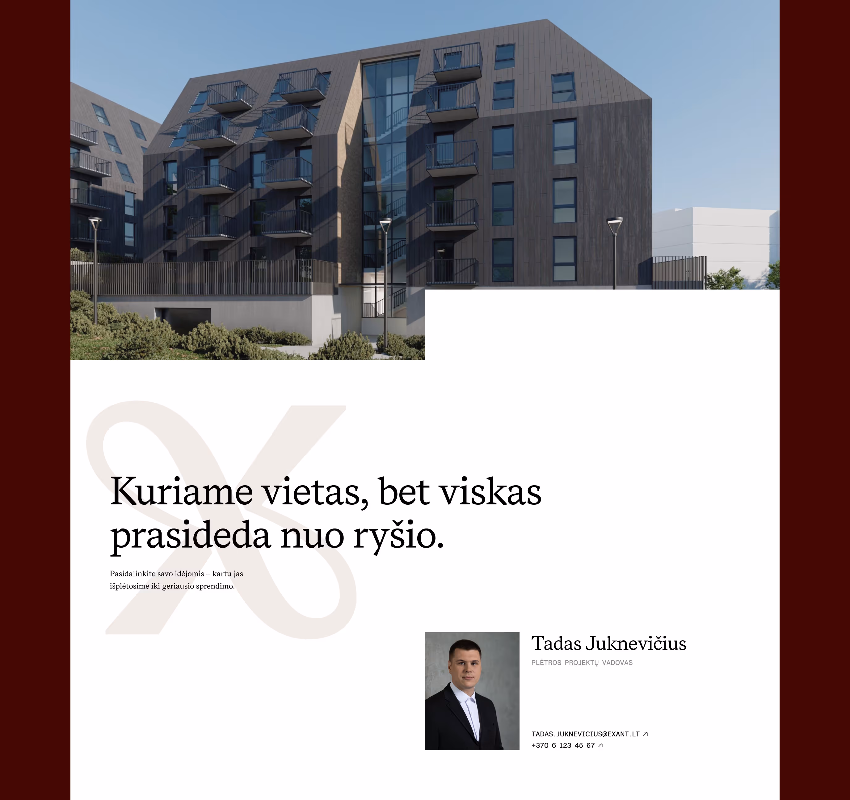 Exant projekto puslapio pabaiga - kvietimas susisiekti ir plėtros vadovo Tado Juknevičiaus kontaktinė kortelė.