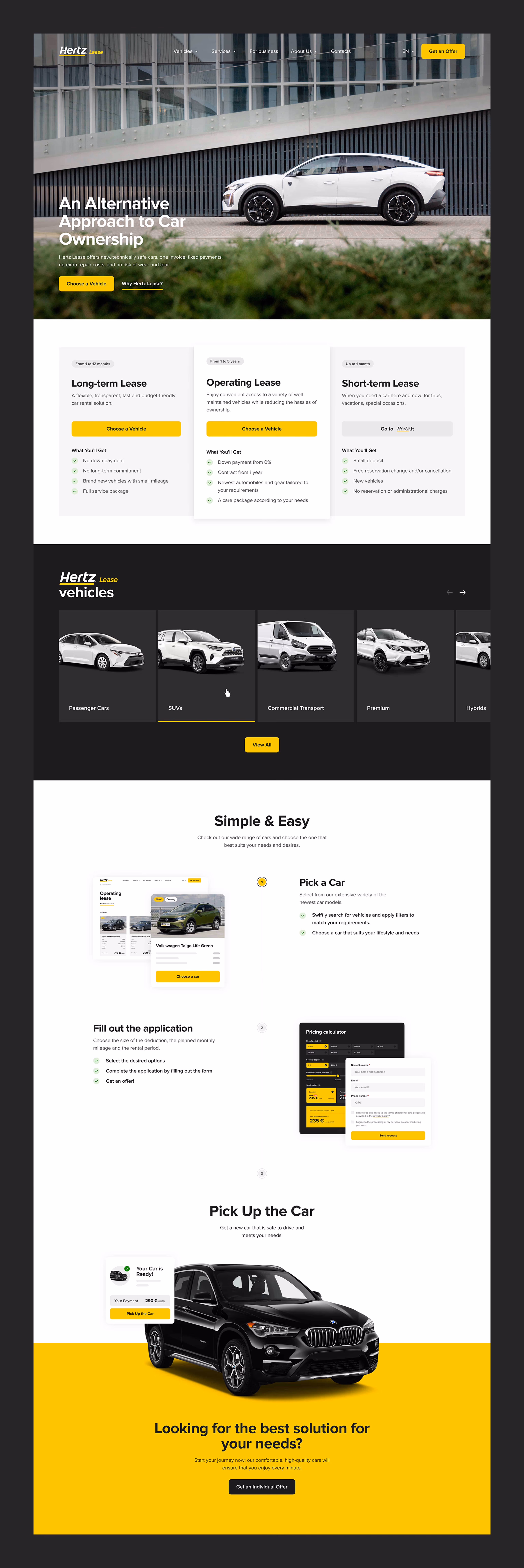 Hertz Lease homepage - hero with an SUV, three lease-type cards and a step-by-step how-it-works guide.