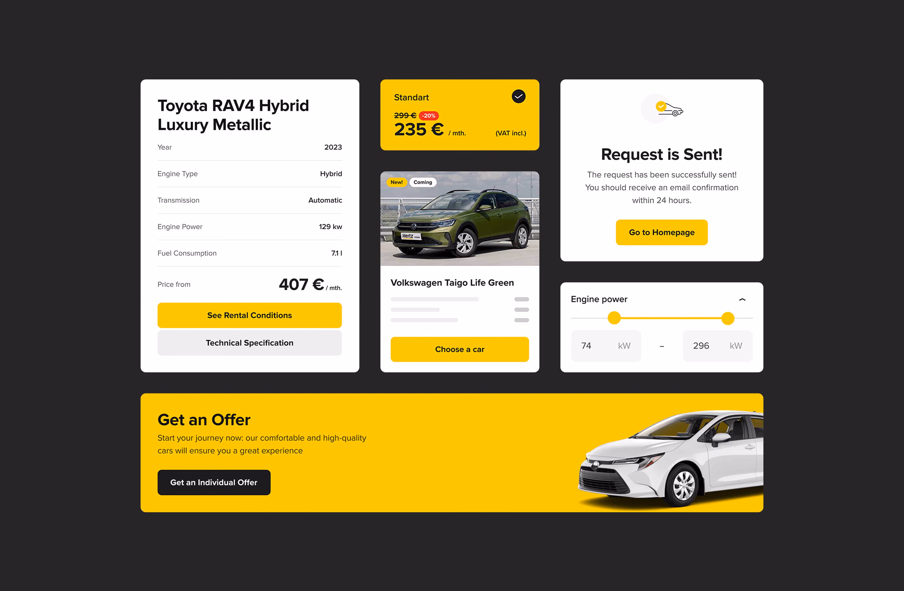 Hertz Lease UI design elements - car card, plan selector, confirmation screen and a filter slider.
