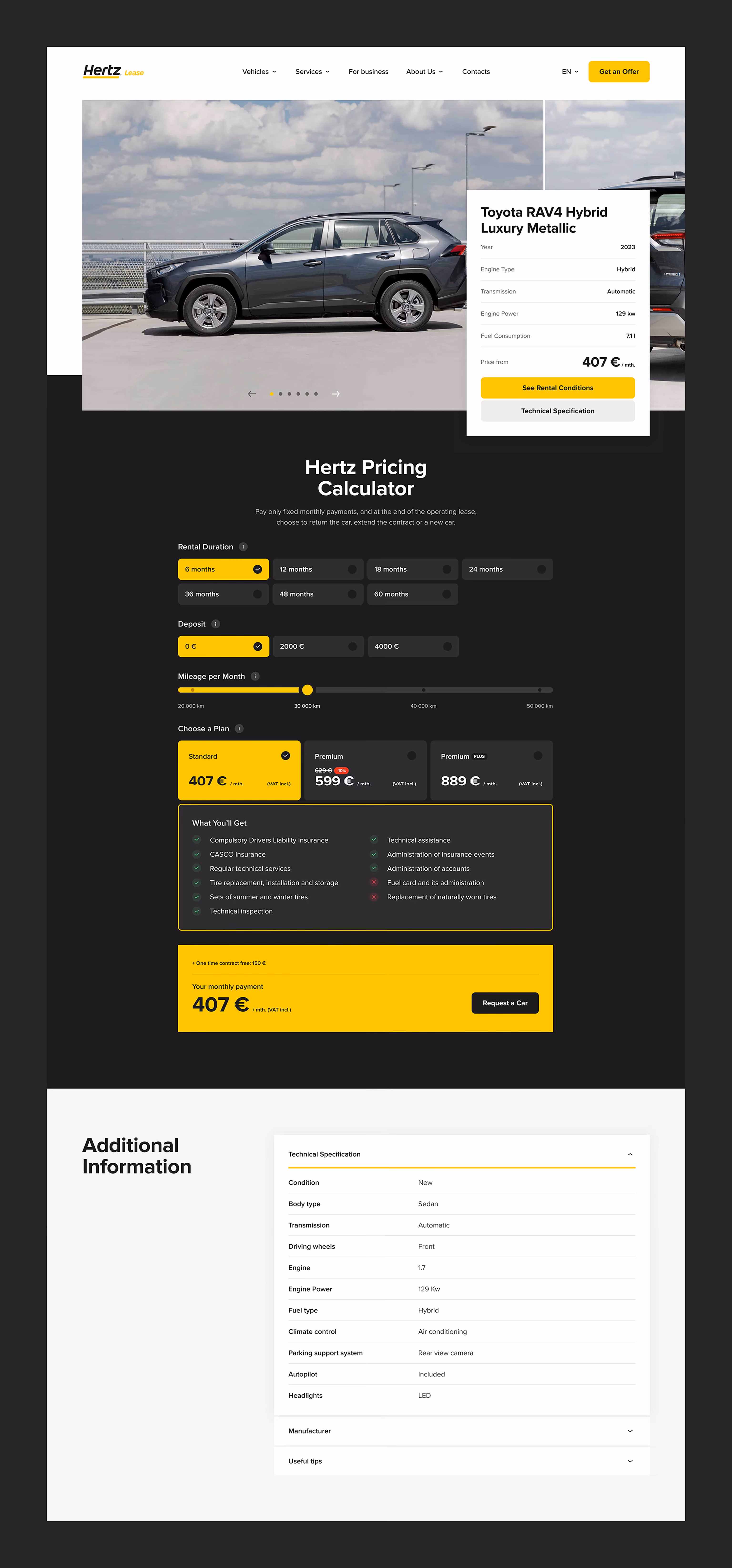 Hertz Lease pricing calculator - UX design for choosing rental duration, deposit and a plan.