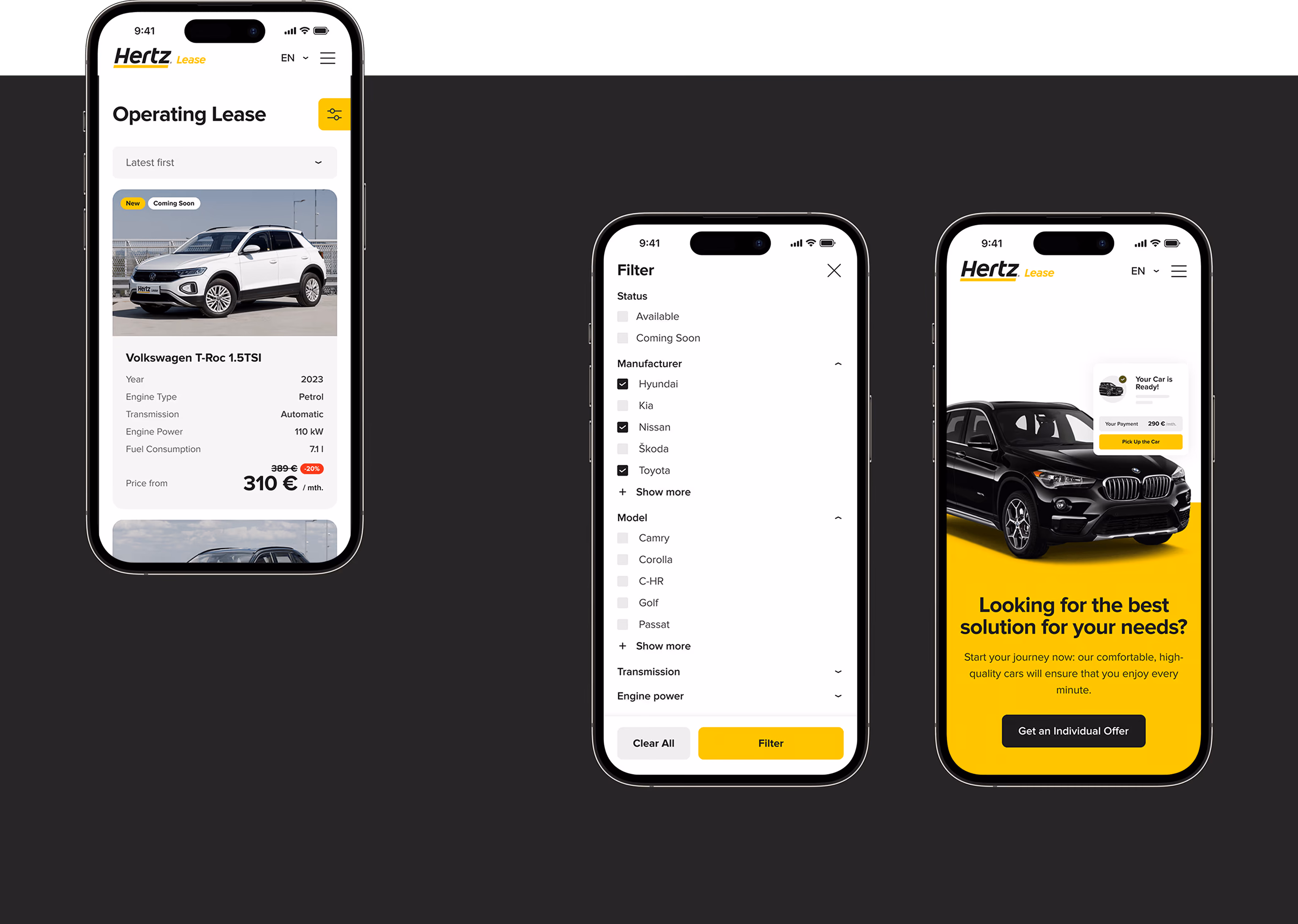 Three mobile views - car listings, the filter panel and the closing call-to-action screen.