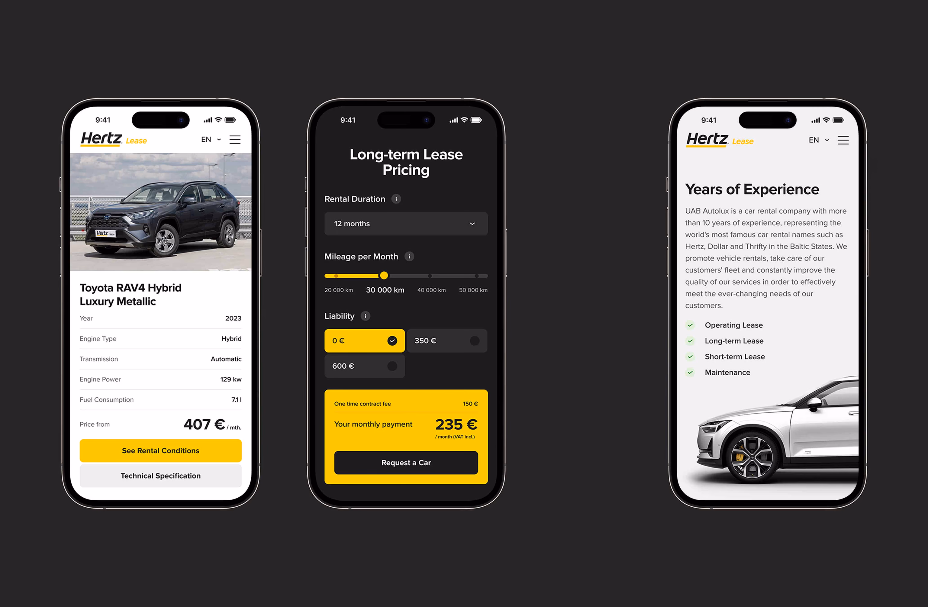 Three mobile screens - car detail card, the pricing calculator and the About Us page.