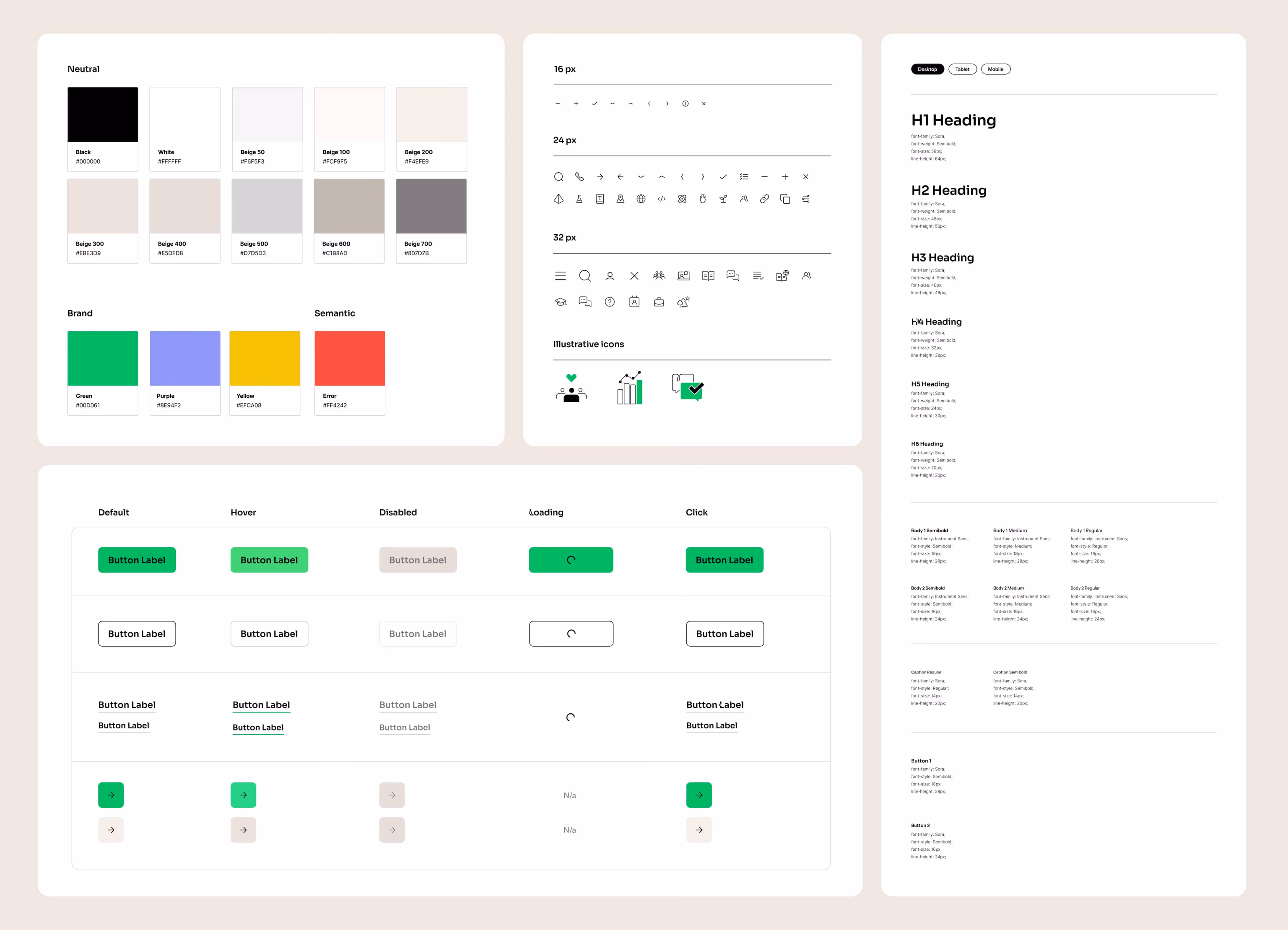 Intellectus' UI design system - color palette, icon set, type scale and button states across all variants.