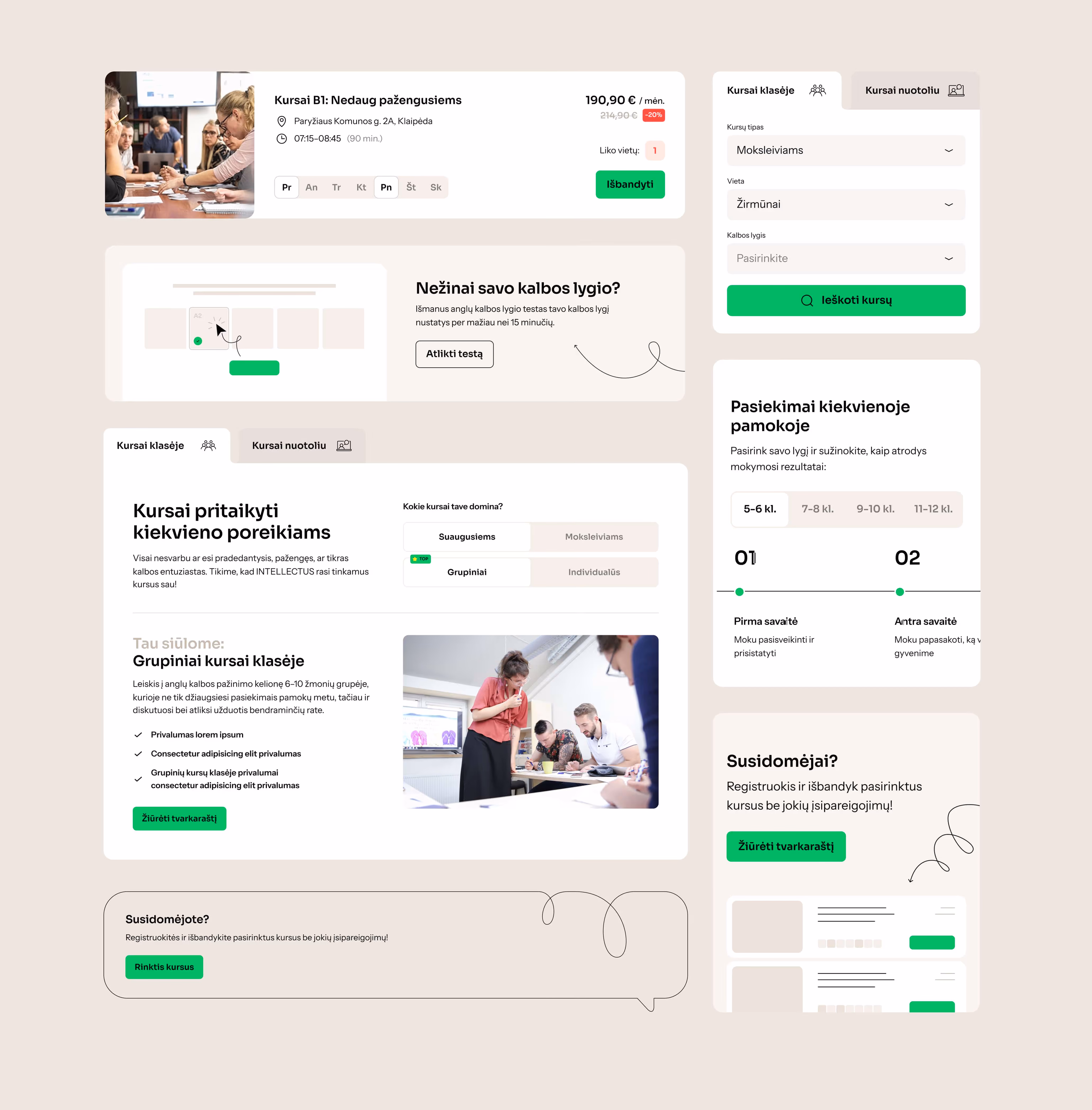 Intellectus' adult course pages - course cards, level-test widget, filters and a milestones timeline.