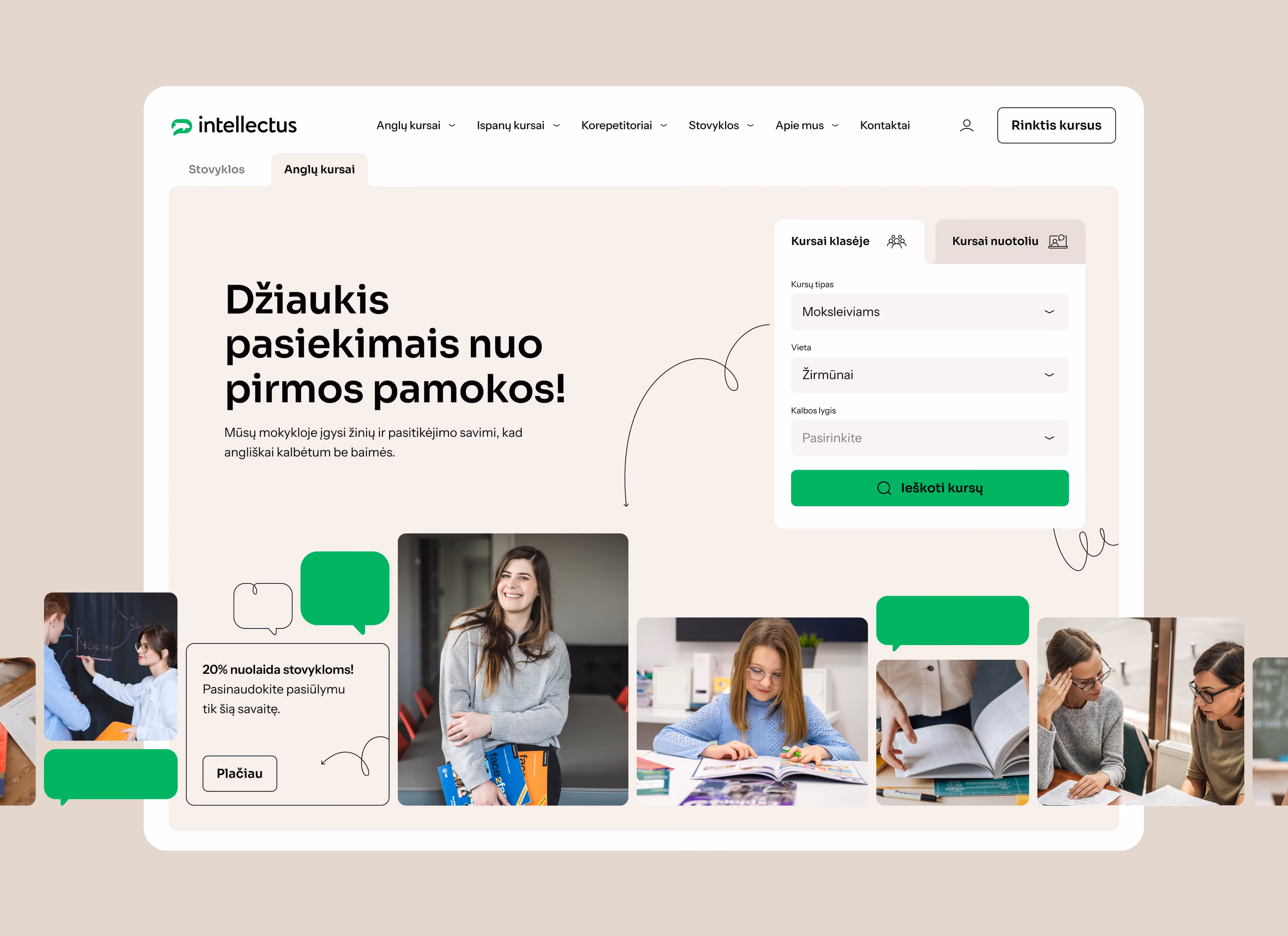 Intellectus' homepage for children's courses - camp discount promo, student photos and playful chat bubbles.