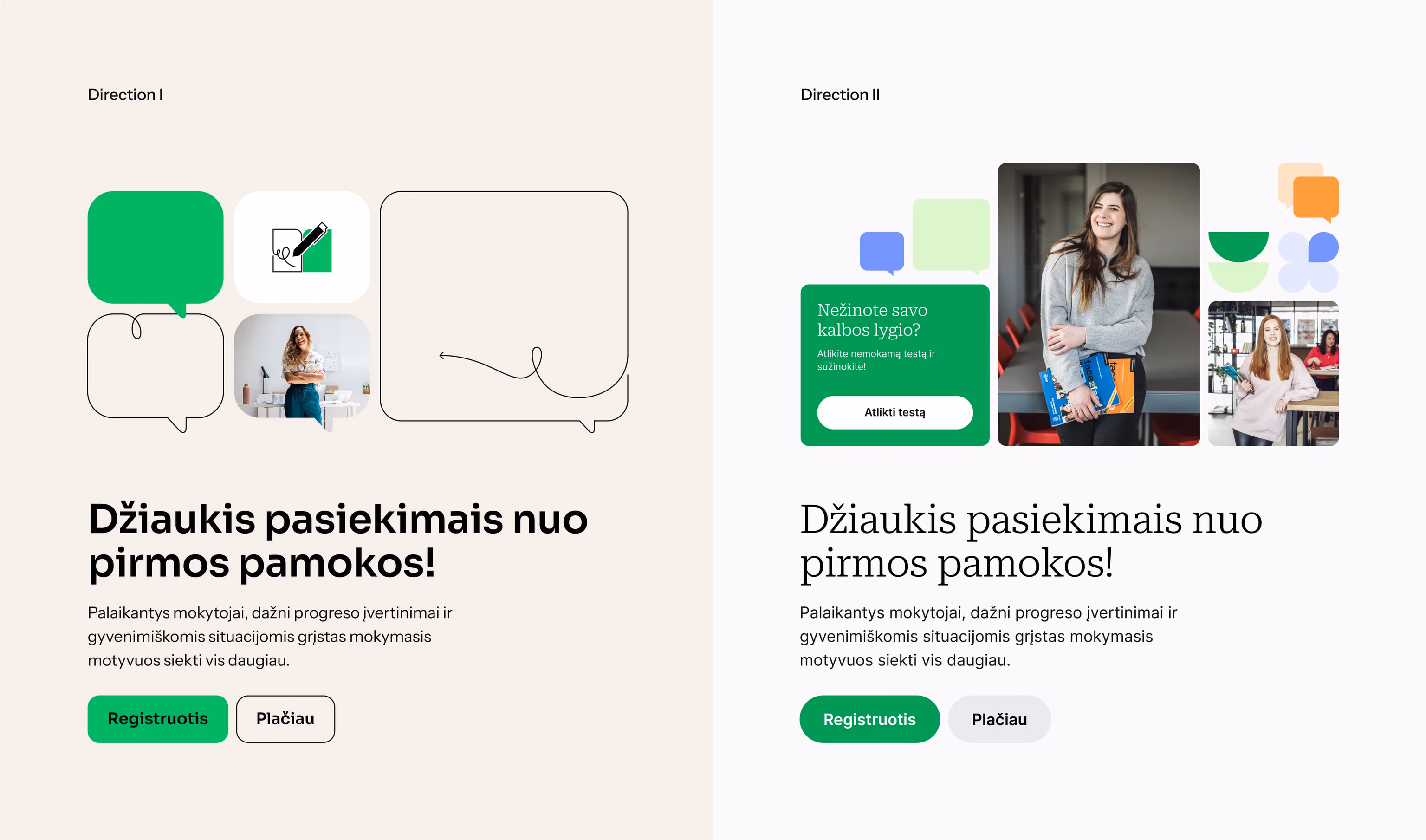 Two UI design directions for Intellectus' homepage - a minimal sketch style versus a colorful photo collage.