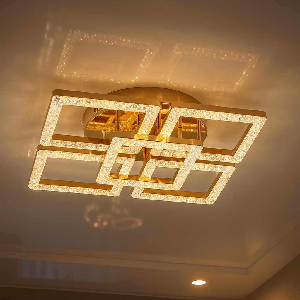 Квадратна LED-люстра 200 Вт у вітальні 25 м² (Одеса), золотий корпус, акриловий розсіювач, регульована температура світла, створює чисту геометрію відбиттів, м’який блиск і святкове сяйво.