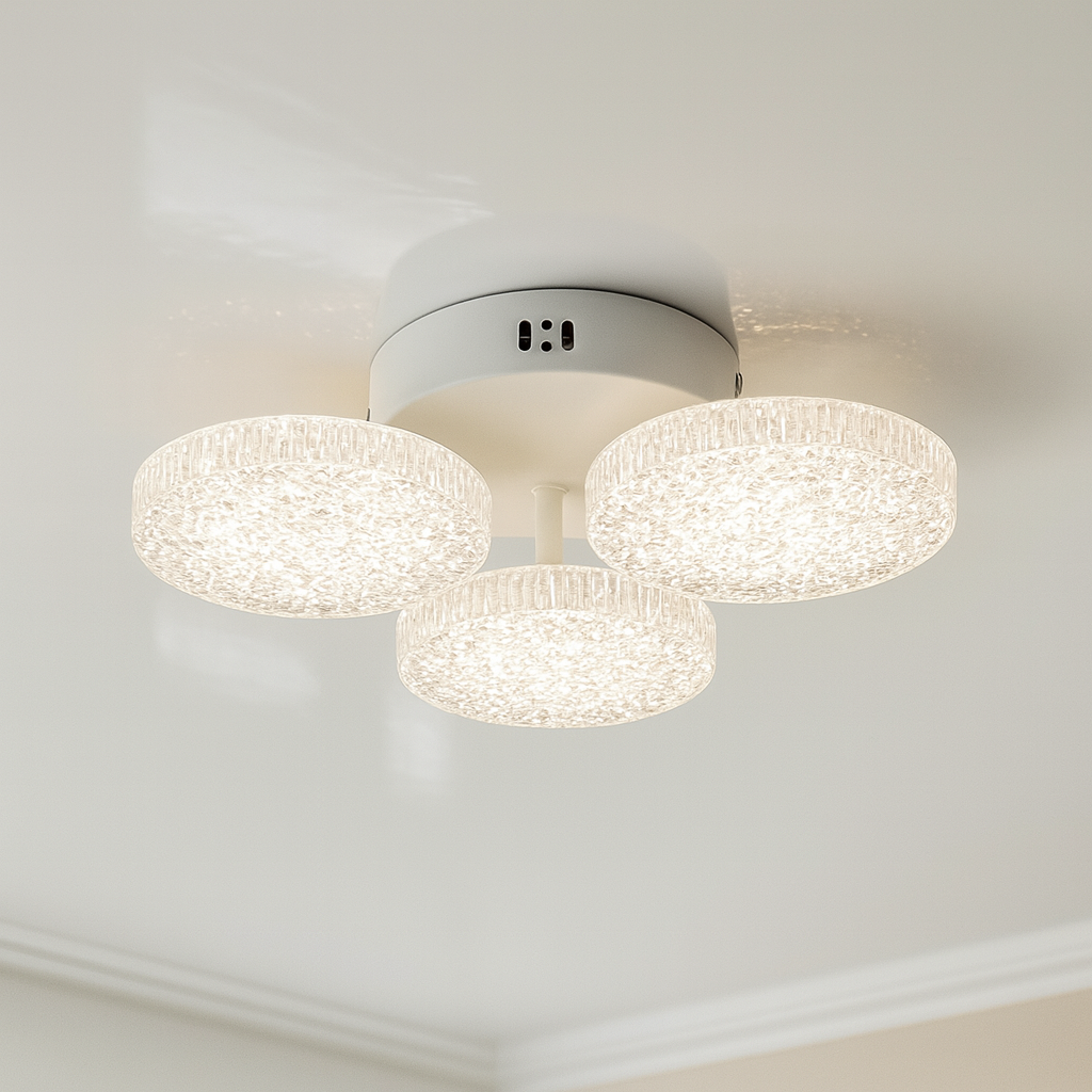 Світлодіодна люстра Алмаз 60 Вт у передпокої 10 м² (Одеса), білий акрил і метал, регульоване світло 3000–6000 К, створює м’яке сяйво та відчуття простору.